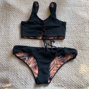Maaji Palm Print Bikini Lace Up Top Navy and Coral Size Small